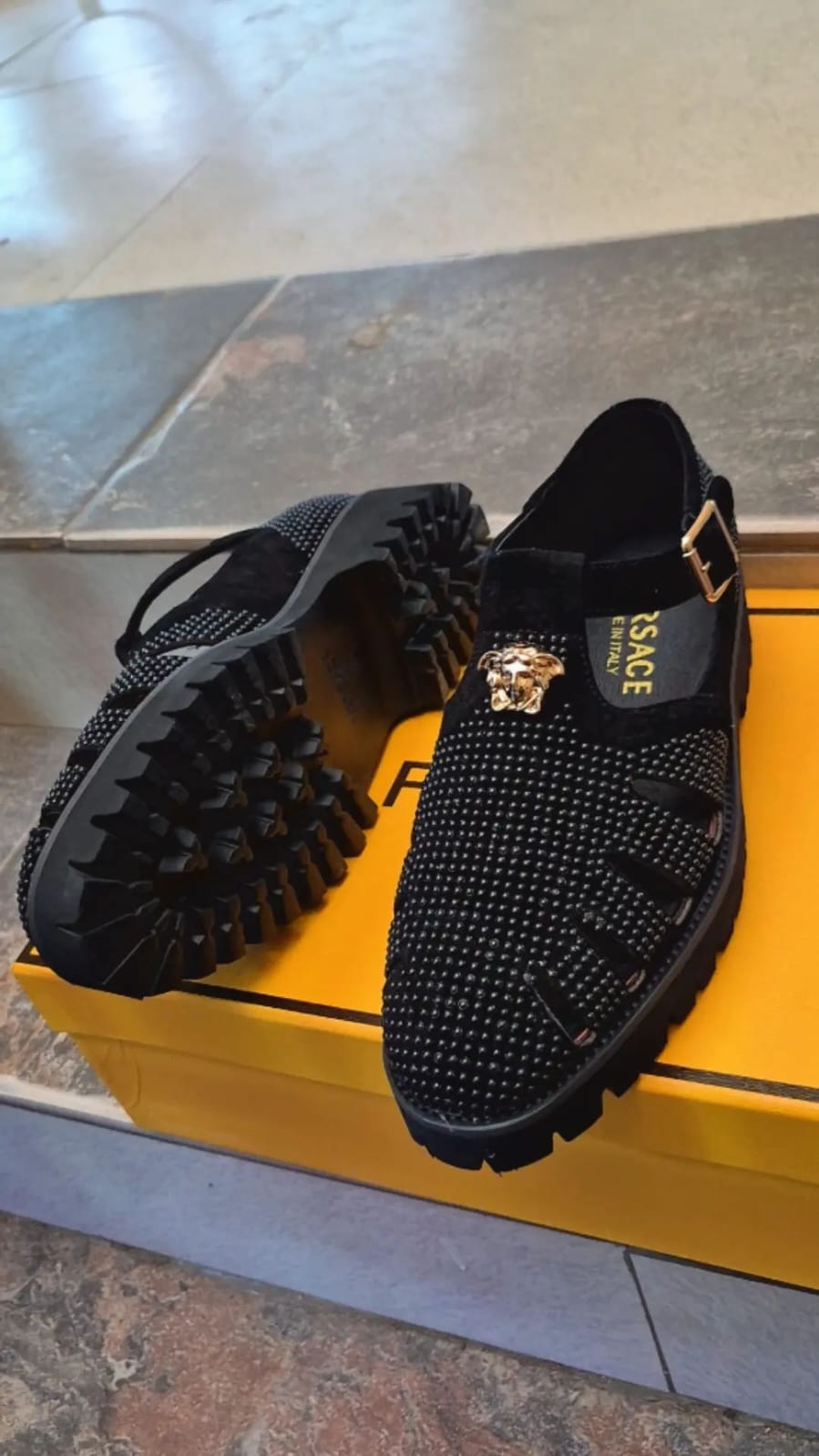 Versace Men's All-Over Crystal Embellished Fisherman Sandals with Gold Medusa Emblem